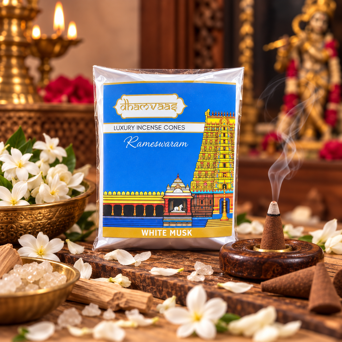 Rameshwaram White Musk Dhoop Cones (20 Cones) - Regular Pack Char Dham Edition
