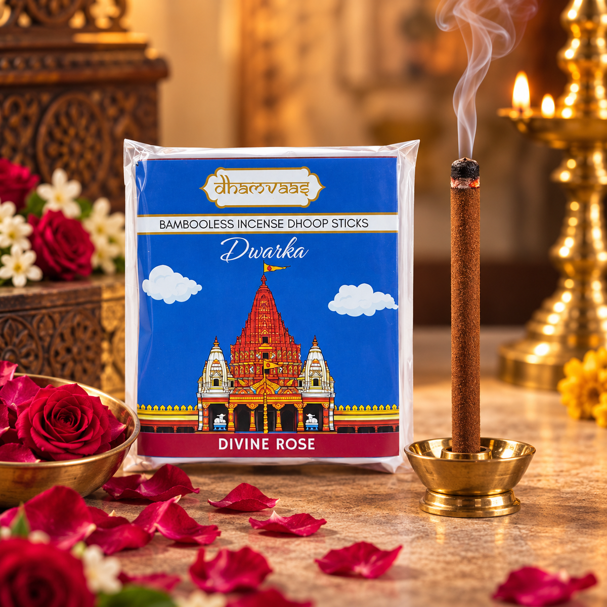 Dwarka  Divine Rose  Bambooless Dhoop Sticks (20 sticks) - Regular Pack Char Dham Edition
