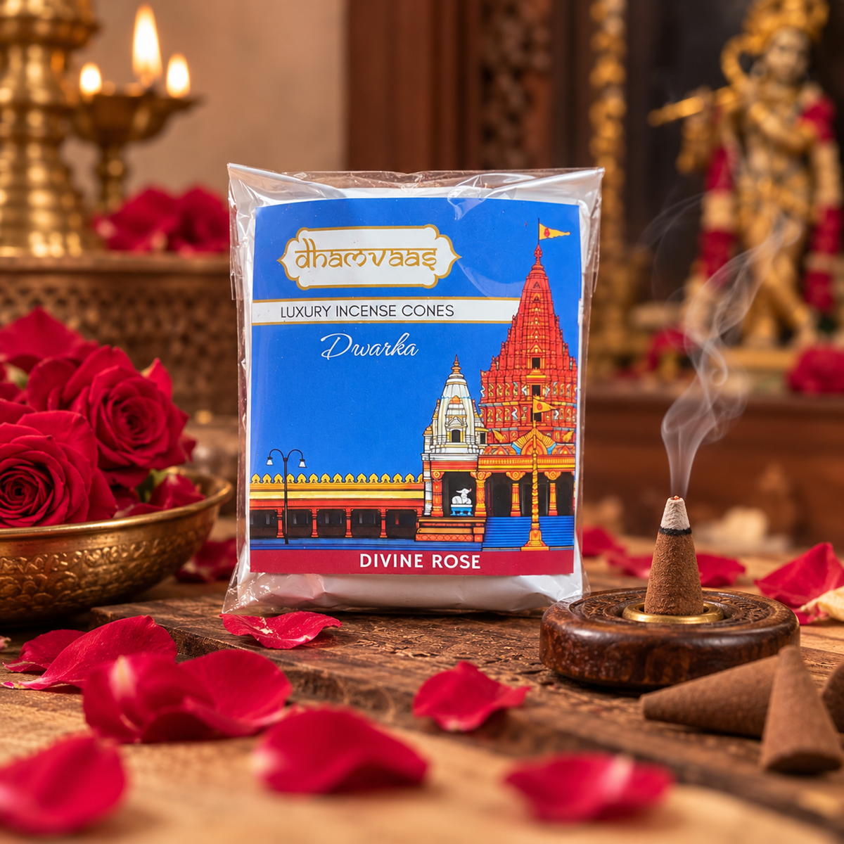Dwarka  Divine Rose  Dhoop Cones (20 Cones) - Regular Pack Char Dham Edition