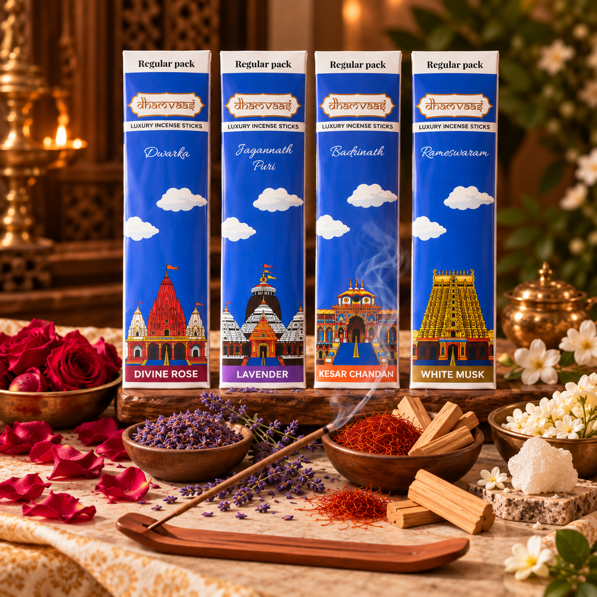 Char Dham Regular Incense Sticks Combo Pack ( 80 Sticks)
