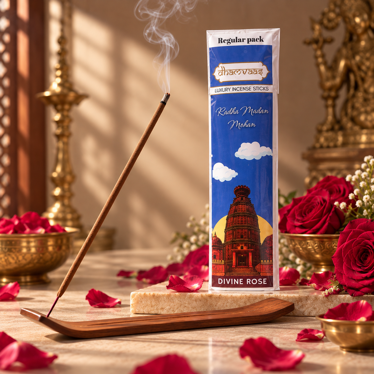 Radha Madan Mohan Divine Rose Incense Sticks (20 Sticks)  Regular Pack Vrindavan Edition