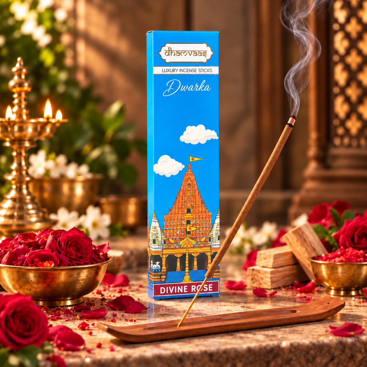 Dwarka -  Divine Rose  Incense Sticks (20 sticks) - Box Pack Char Dham Edition